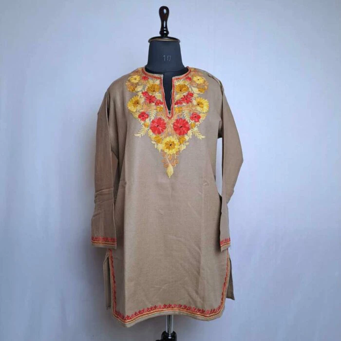 Light Brown Asiya Kashmiri Girls Short Pheran With Aari Embroidery (L34)