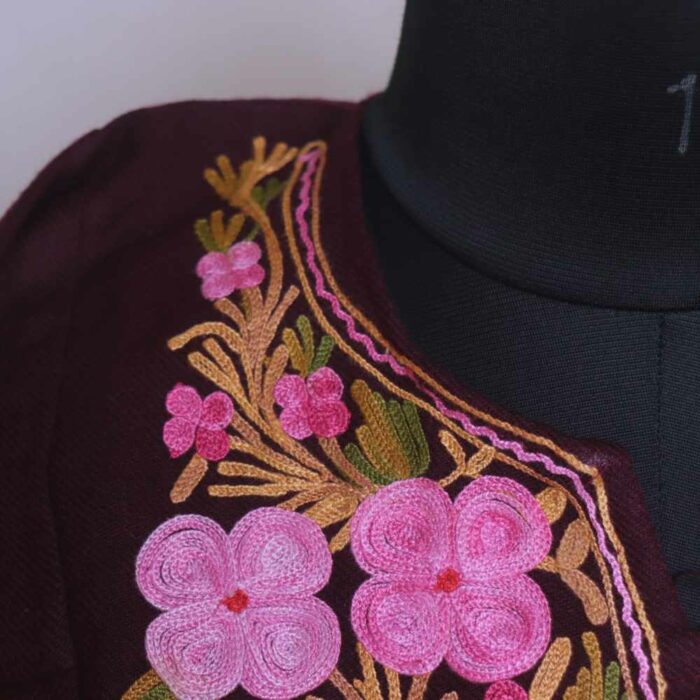 Maroon Gulabi Kashmiri Girls Short Pheran With Aari Embroidery (L30) - Image 3