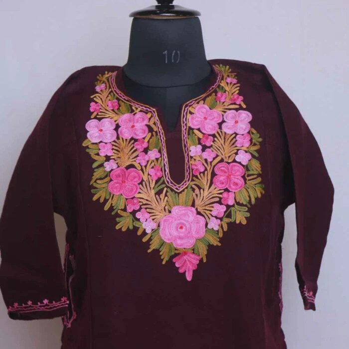 Maroon Gulabi Kashmiri Girls Short Pheran With Aari Embroidery (L30) - Image 2