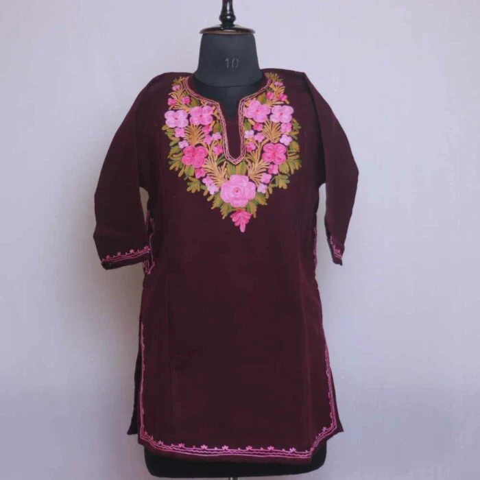 Maroon Gulabi Kashmiri Girls Short Pheran With Aari Embroidery (L30)