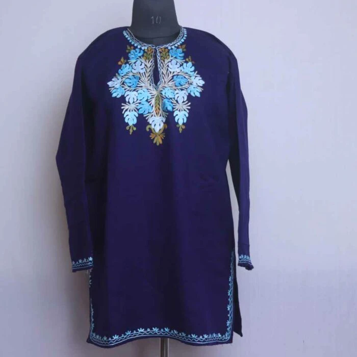 Blue Lavish Winter Woolen Kashmiri Kurta with Ari Embroidery