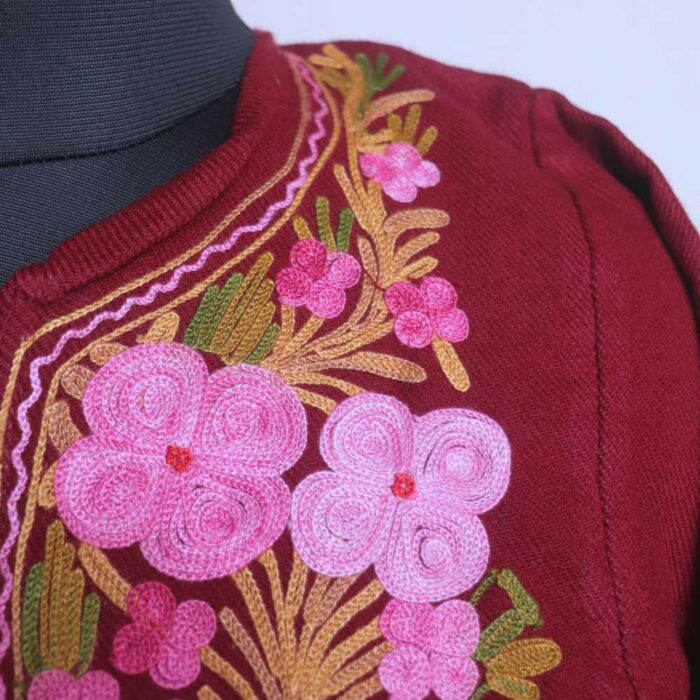 Maroon Trath Hish Kashmiri Girls Short Pheran With Aari Embroidery (L29) - Image 3