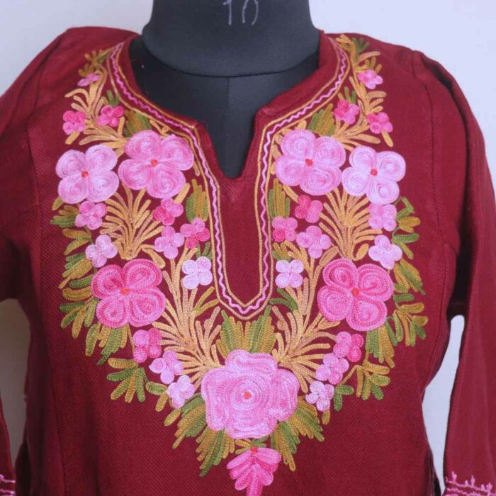 Maroon Trath Hish Kashmiri Girls Short Pheran With Aari Embroidery (L29) - Image 2