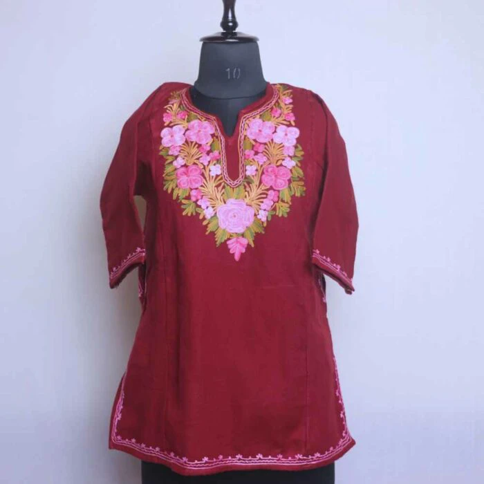 Maroon Trath Hish Kashmiri Girls Short Pheran With Aari Embroidery (L29)