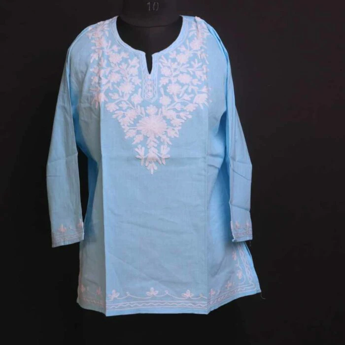 Serene Sky Blue Cotton Short Kashmiri Kurti with Ari Embroidery