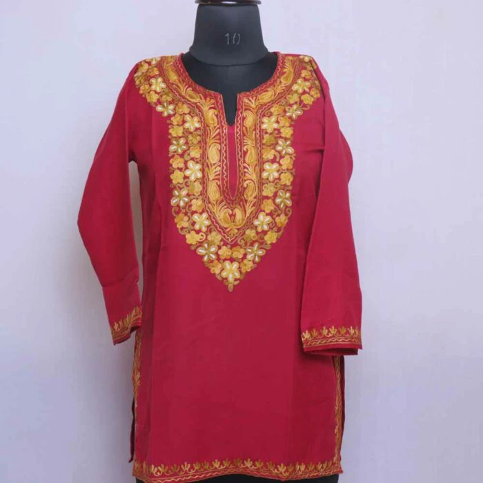 Precious Maroon Ruby Cotton Short Kashmiri Kurti with Ari Embroidery