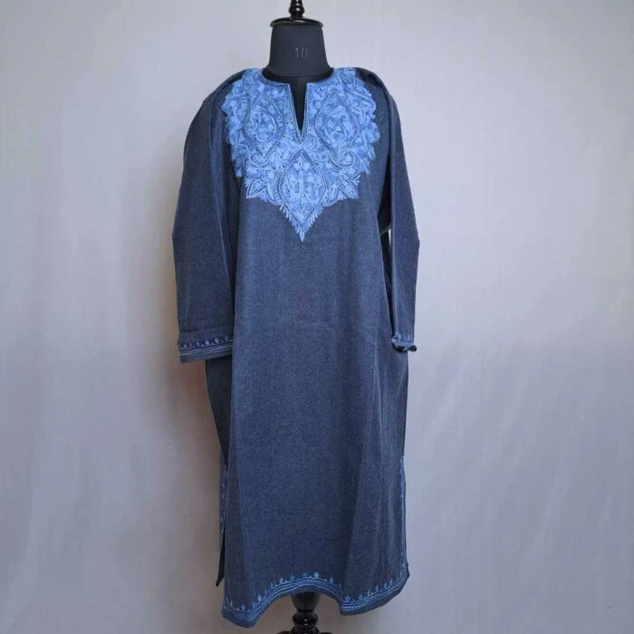 Tanzeel Grey Pattu Tweed Women Kashmiri Pheran with Ari Embroidery