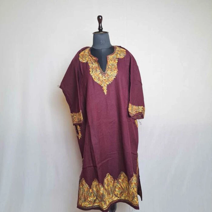 Inara Wine Kashmiri Pheran with Border Embroidery - Image 2