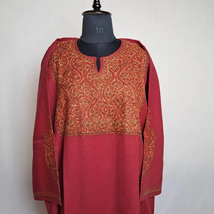 Regal Maroon Kashmiri Pure Wool Pheran with Sozni Hand Embroidery