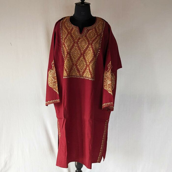 Regal designer Maroon Kashmiri Raffal Pheran with Sozni Hand Embroidery