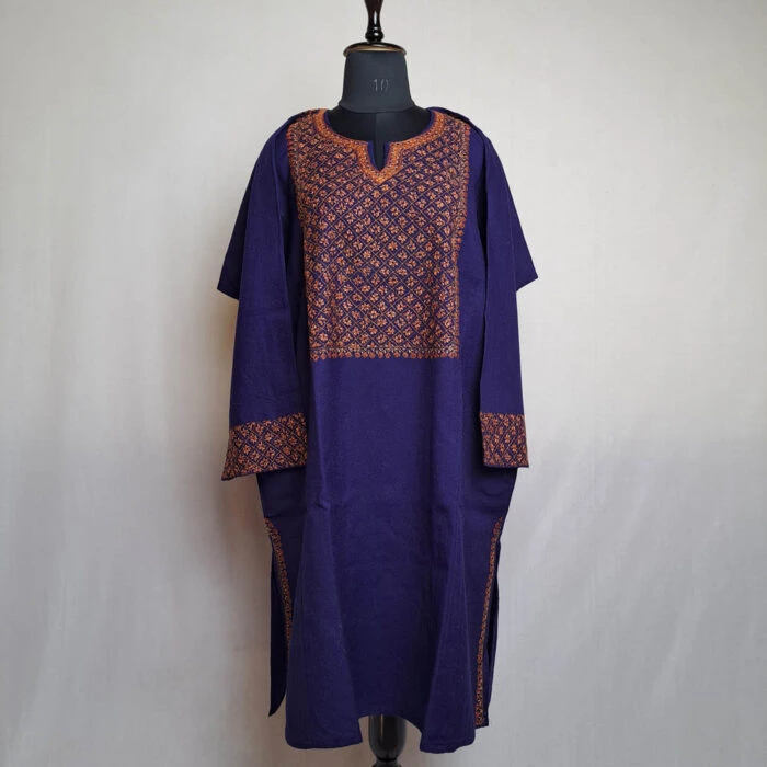 Dark Blue Kashmiri Pure Wool Pheran with Sozni Hand Embroidery