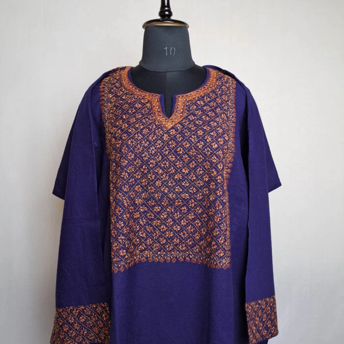 Dark Blue Kashmiri Pure Wool Pheran with Sozni Hand Embroidery - Image 2