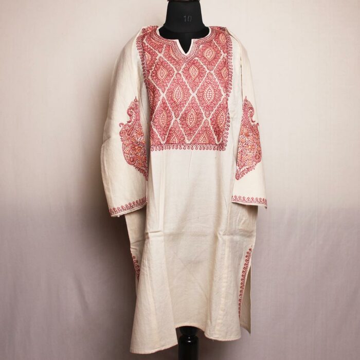 Meer White Kashmiri Pure Wool Pheran with Sozni Hand Embroidery