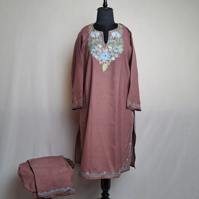 Beigish Wine Floral Cotton Aari Kashmiri Salwar Kameez Co-ord Set