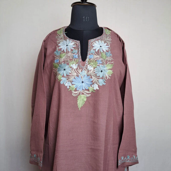 Beigish Wine Floral Cotton Aari Kashmiri Salwar Kameez Co-ord Set - Image 2