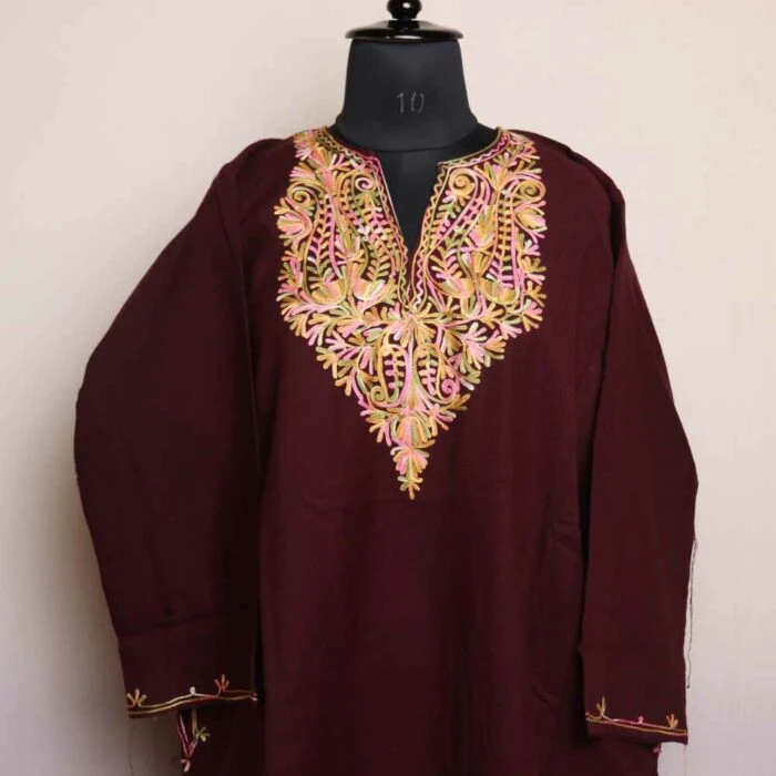 Kashmiri Pheran Dress- Wine Shahindah Cashmilon With Aari Embroidery - Image 2