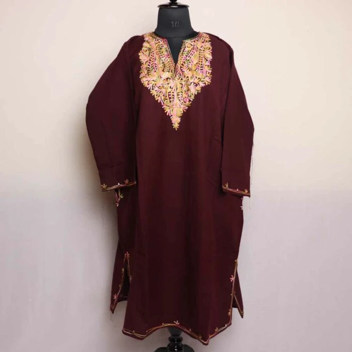 Kashmiri Pheran Dress- Wine Shahindah Cashmilon With Aari Embroidery