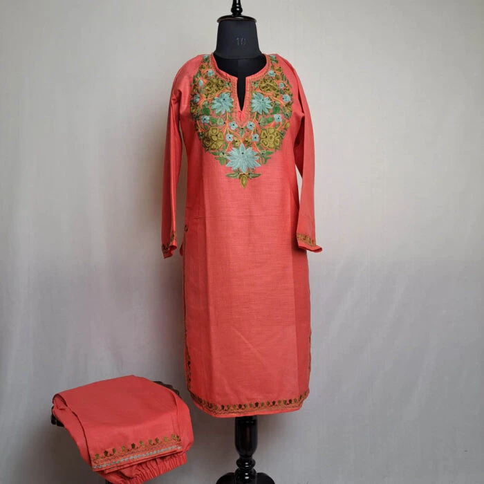 Pink Floral Cotton Aari Kashmiri Salwar Kameez Co-ord Set