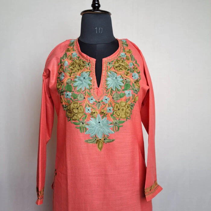 Pink Floral Cotton Aari Kashmiri Salwar Kameez Co-ord Set - Image 2