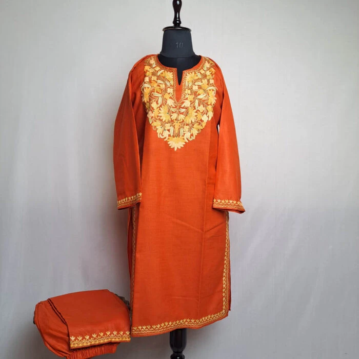 Orange Cotton Aari Kashmiri Salwar Kameez Co-ord Set