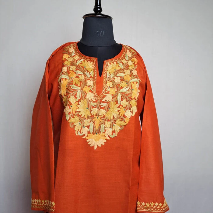 Orange Cotton Aari Kashmiri Salwar Kameez Co-ord Set - Image 2