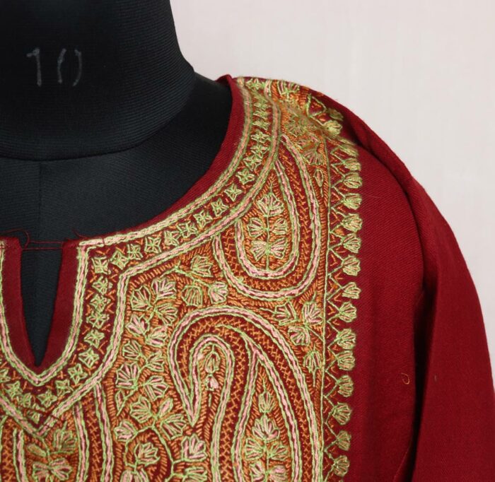 Kashmiri Dress Pheran - Maroon Raffal Kashmiri Hand Sozni - Mirza Collection - Image 3