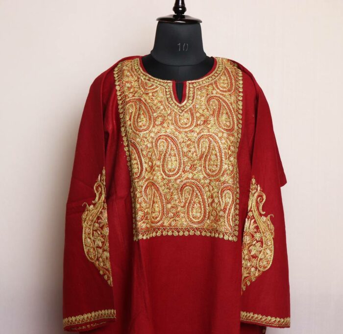 Kashmiri Dress Pheran - Maroon Raffal Kashmiri Hand Sozni - Mirza Collection - Image 2