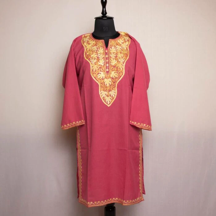 Pink Chinari Cotton Kurta for Women with Kashmiri Aari Embroidery