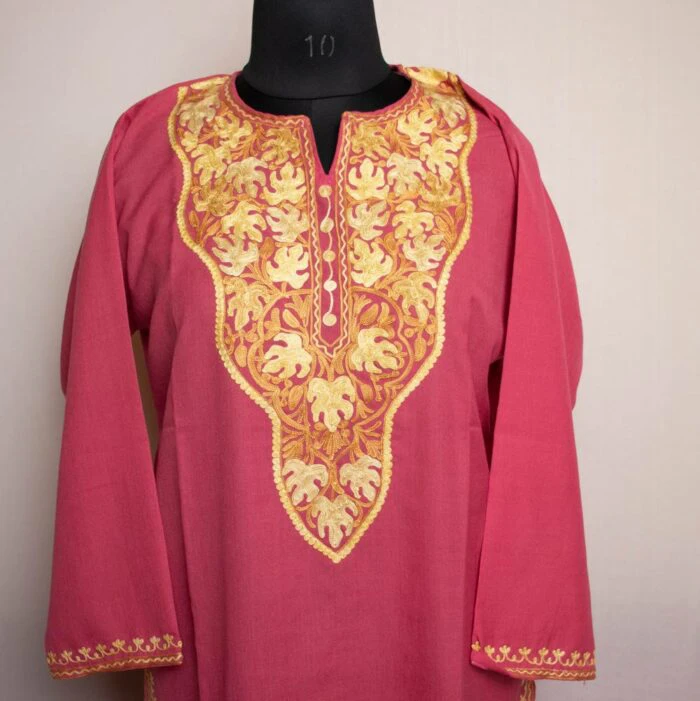 Pink Chinari Cotton Kurta for Women with Kashmiri Aari Embroidery - Image 2