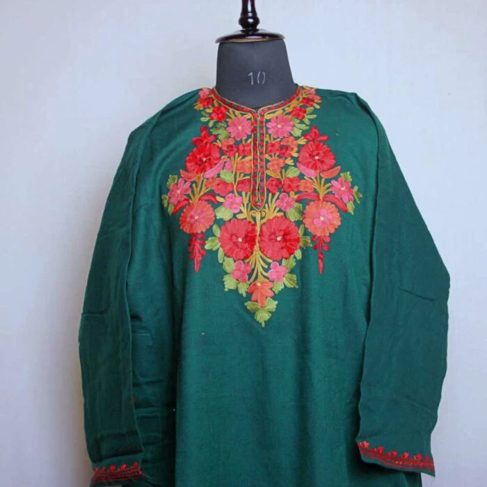 Kashmiri Pheran Dress- Bottle Green Inaya With Aari Embroidery - Image 2