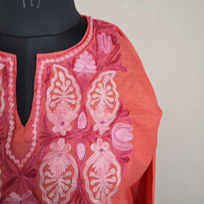 Bisma Short Kashmiri Cotton Kurti Badami Pink with Ari Embroidery - Image 2