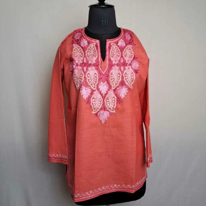 Bisma Short Kashmiri Cotton Kurti Badami Pink with Ari Embroidery