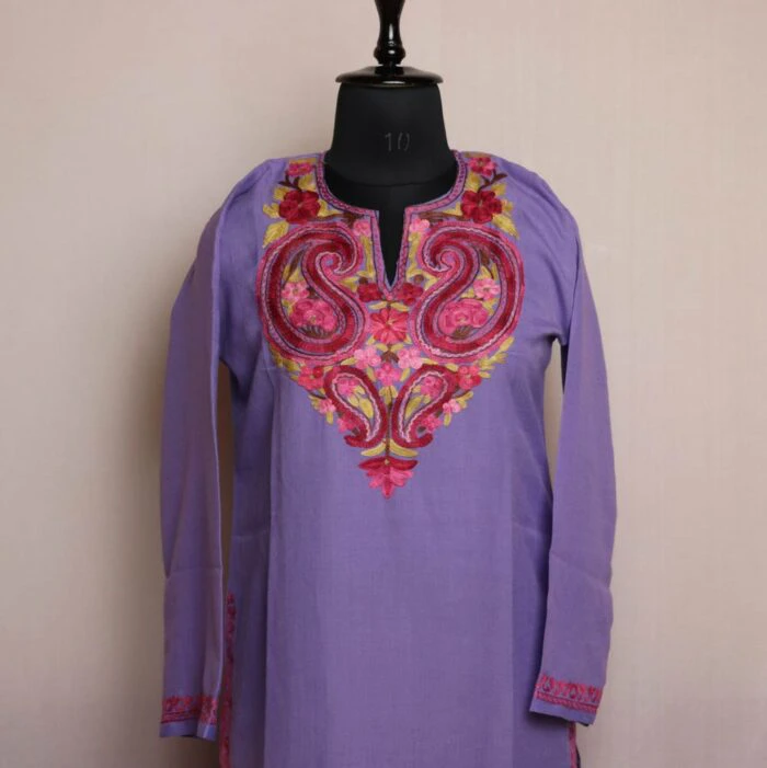 Purple Cotton Kurta for Women with Ari Embroidery - Image 3