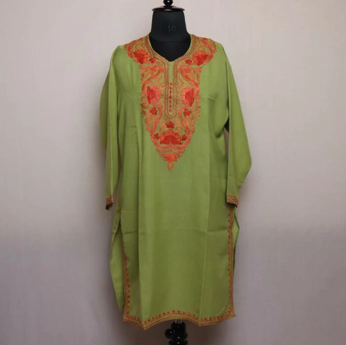 Light Green Summer Cotton Kurta with Kashmiri Aari Embroidery