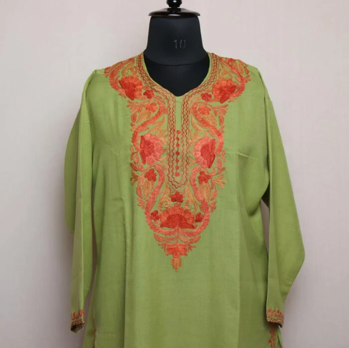 Light Green Summer Cotton Kurta with Kashmiri Aari Embroidery - Image 2