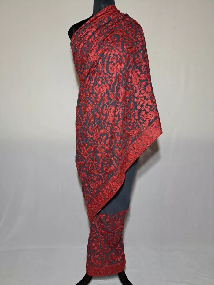 Charcoal and Red Saeem Badami Georgette Kashmiri Saree With Heavy Aari Embroidery