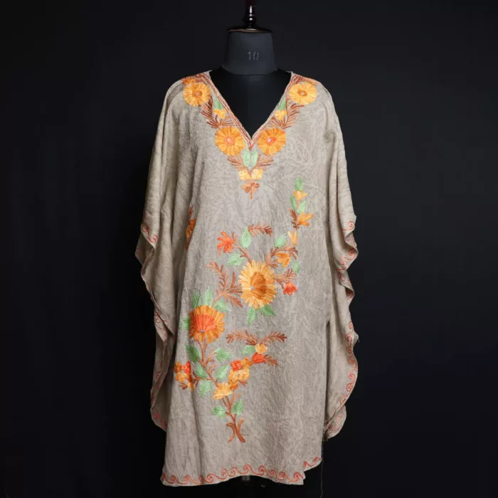 Sand Color Short Kashmiri Kaftan – Aari Embroidered Crush Cotton