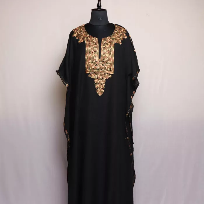 Black Kashmiri Kaftan – Aari Embroidered Crush Cotton L58