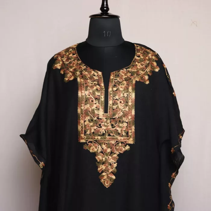 Black Kashmiri Kaftan – Aari Embroidered Crush Cotton L58 - Image 2