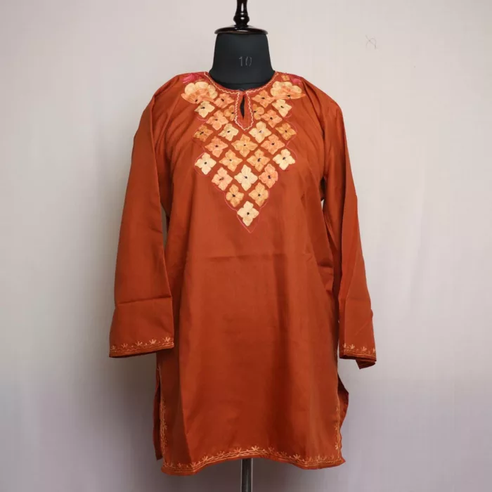 Dark Mustard Short Ruby Cotton Kurta with Aari Embroidery