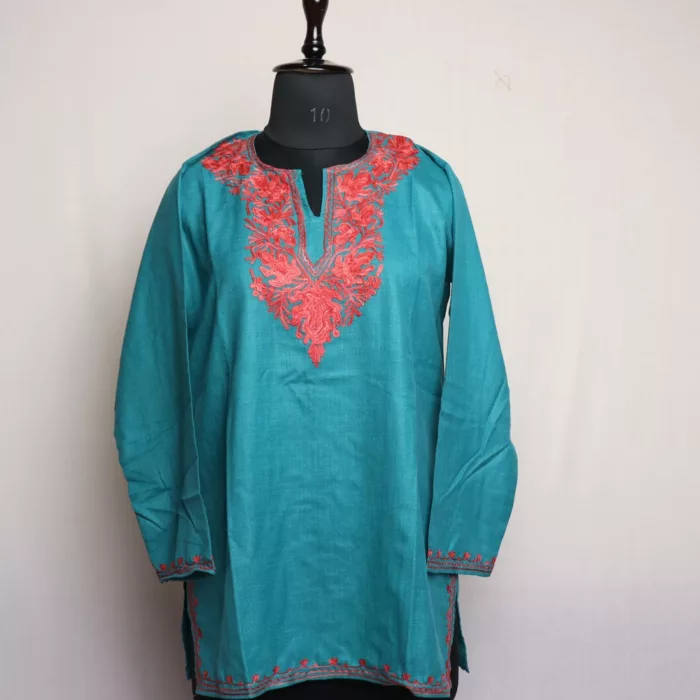 Green Harud Short Ruby Cotton Kurta with Aari Embroidery