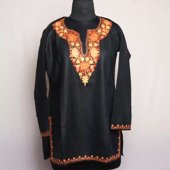 Black Short Ruby Cotton Kurta with Aari Embroidery