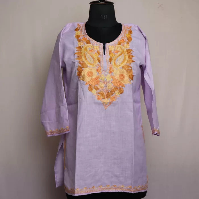 Lavender Short Ruby Cotton Kurta with Aari Embroidery