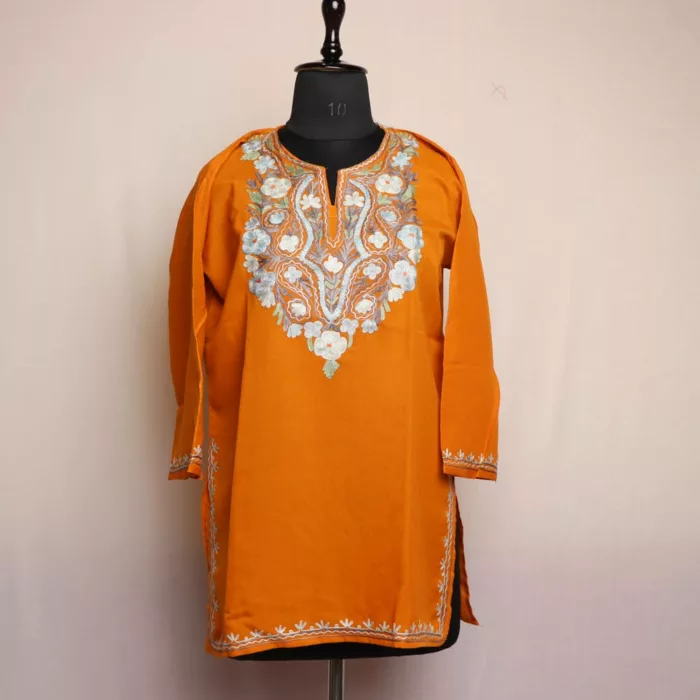 Mustard Shah Short Summer cool Cotton Kurta with Aari Embroidery