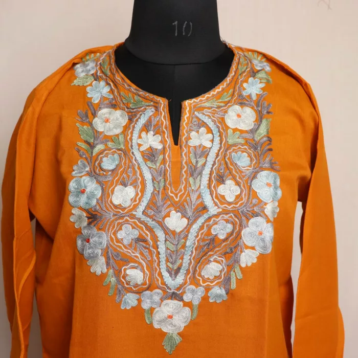 Mustard Shah Short Summer cool Cotton Kurta with Aari Embroidery - Image 2