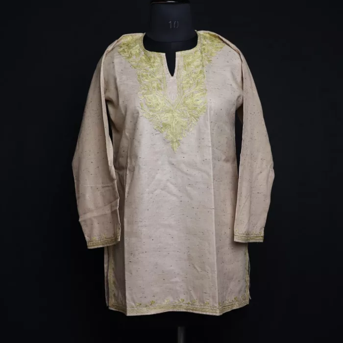 Beige Short Ruby Cotton Kurta with Aari Embroidery