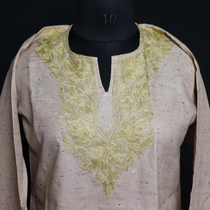 Beige Short Ruby Cotton Kurta with Aari Embroidery - Image 2