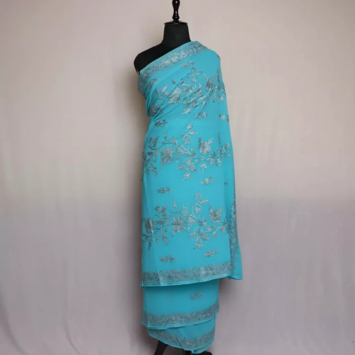 Blue Kashmiri Saree | Georgette Indian Saree With Aari Kadai