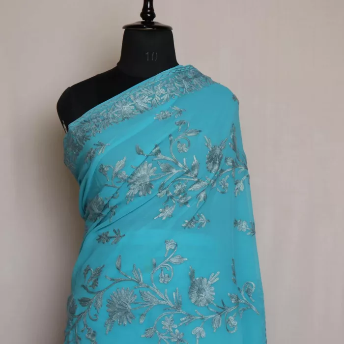 Blue Kashmiri Saree | Georgette Indian Saree With Aari Kadai - Image 2