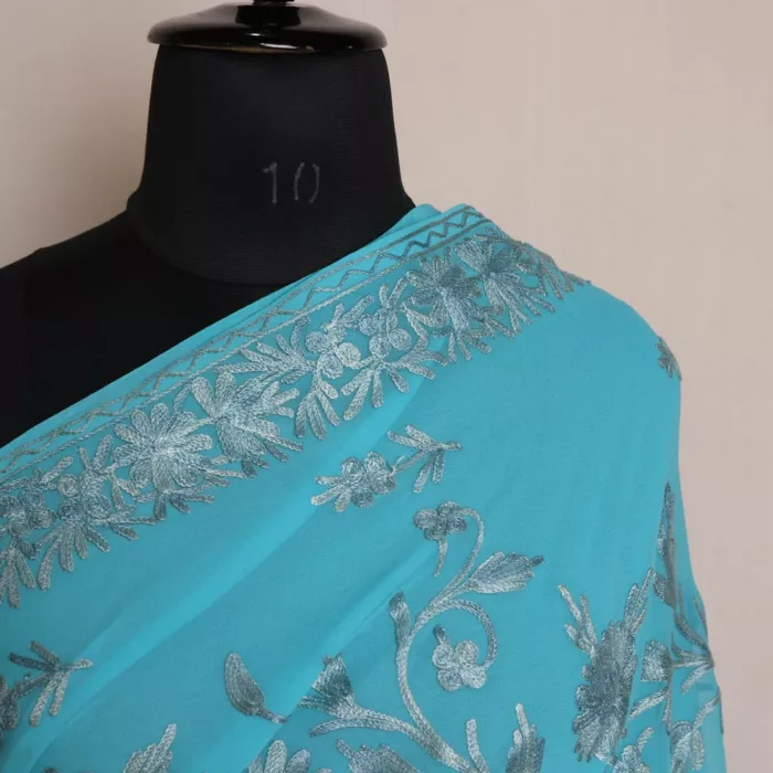 Blue Kashmiri Saree | Georgette Indian Saree With Aari Kadai - Image 3